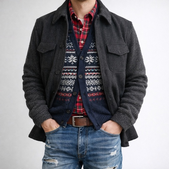 Robert Graham Other - New Robert Graham Prof Hinkle Grey Herringbone Knit Sleeve Shirt Jacket M